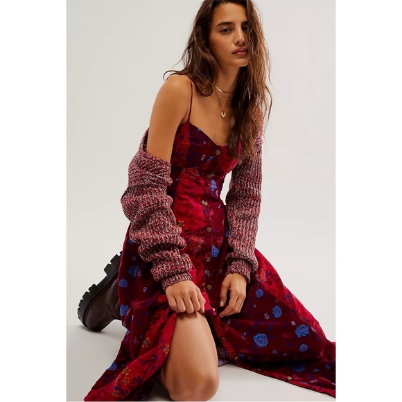 Free People Bohemian Grunge Witchy Corduroy Gail Midi Dress Scarlet Combo Medium - Picture 10 of 15